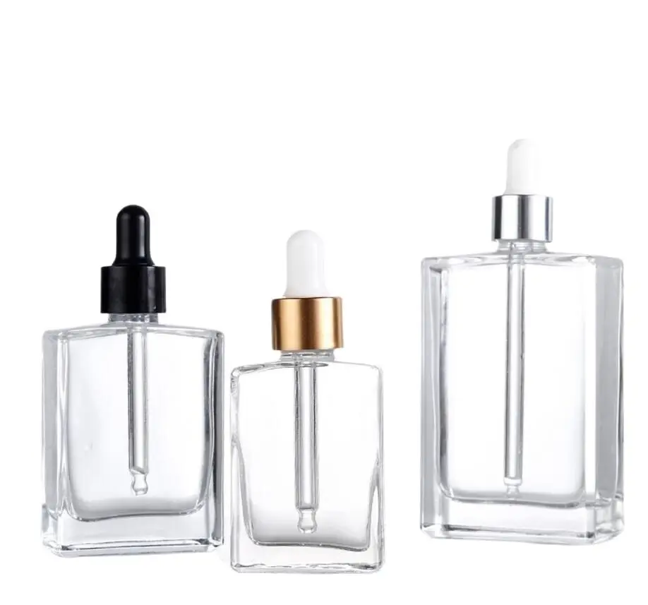 100 ml štvorcového tvaru Číry sklenený fľašový hliníkový kvapkadlo veka pre balenie kože s éterickým olejom v sére Esencium Serum Voda