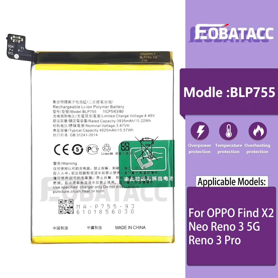 100% nová originálna batéria BLP755 pre OPPO Nájdite X2 Neo Reno 3 5G Reno 3 Pro Batéria + bezplatné náradie