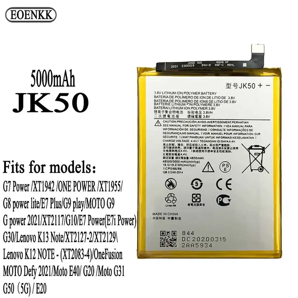 100% nová originálna batéria JK50 pre Motorola G10/E7 Power/E7i Power/G30/Moto E40/G20/G50/MOTO E30/G51 5G Batéria + bezplatné náradie