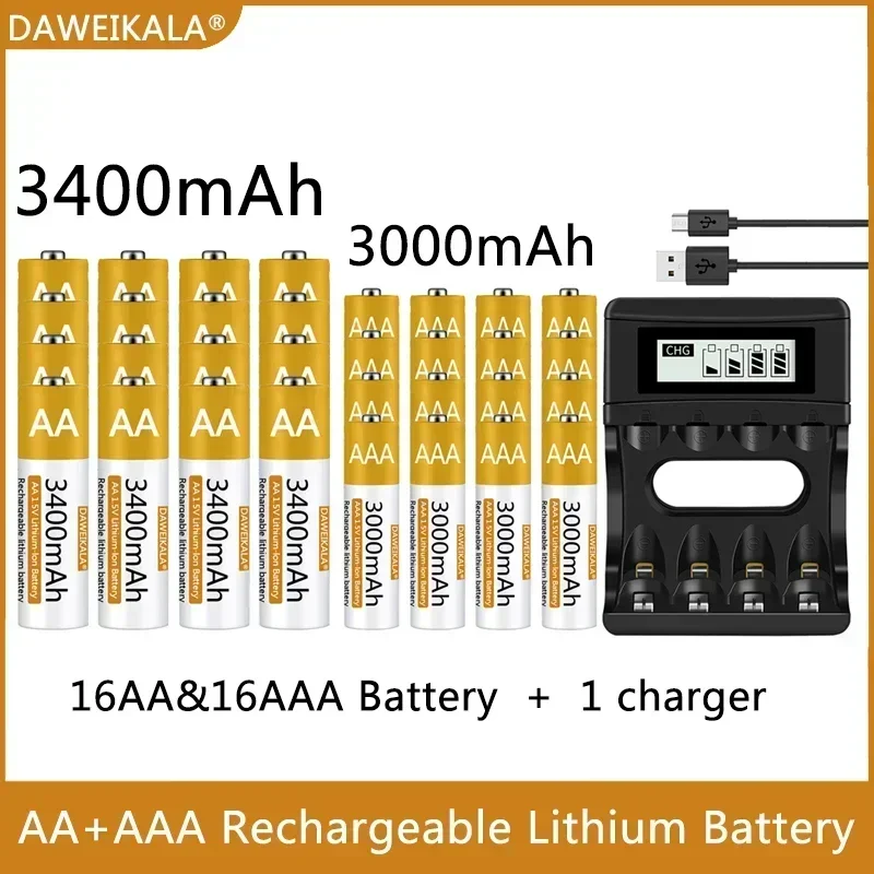 100% originálna batéria AA/AAA 1,5 V Nabíjateľná polymérna lítium-iónová batéria 1,5 V AA/AAA s nabíjačkou USB
