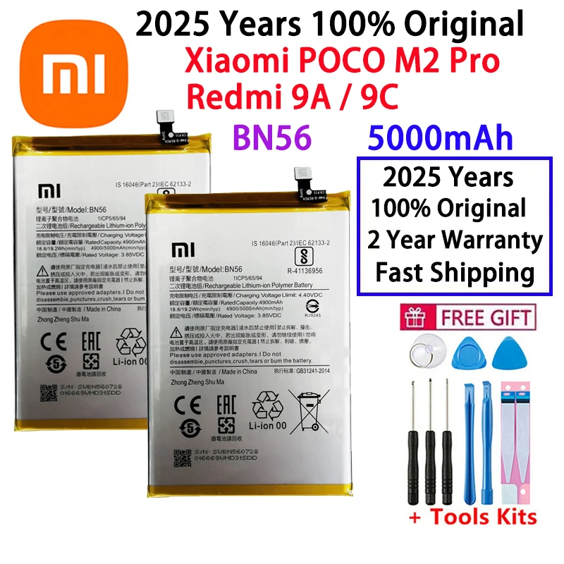 100% originálny Xiao Mi Bn56 5000 mAh Telefón batéria pre Xiaomi Redmi 9a 9C POCO M2 Pro Výmena batérií Bateria Fast Shipping
