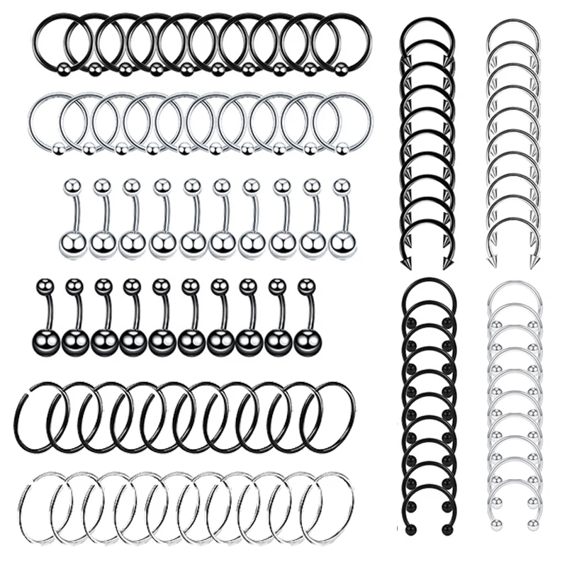 100 percent chirurgického oceľového tela piercing šperky šarže objemový prsteň kruhový jazyk tyč Lot Labret Labret Piercing Set Sada podkov prstenca balenie