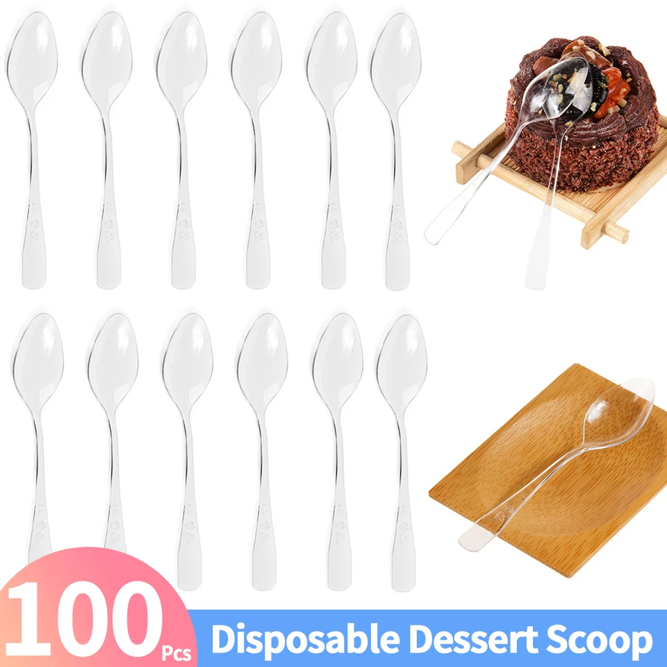 100 počítačov jednorazové mini ochutnávky lyžičiek pre zmrzlinový koláč púštne puding Puding Party Supplies Čierne/číry plastový servírovací lyžičky