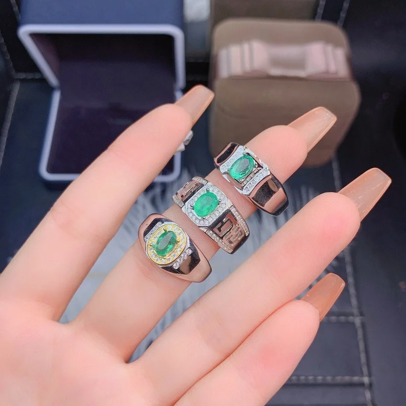 100% prírodný smaragdový snubný prsteň pre muža 4 mm*6 mm smaragdový strieborný prsteň pre párty módu 925 Silver Emerald Ring