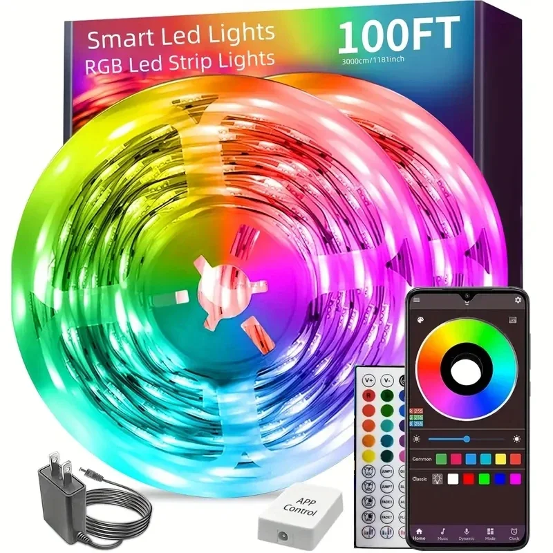 100 stôp (2 rolky po 50 stôp) LED svetlá ， RGB Color Zmena hudby Sync LED LIGH SLOWS, PLYTA PLYTA CONTROL LED LOD LIVE pre spálňu