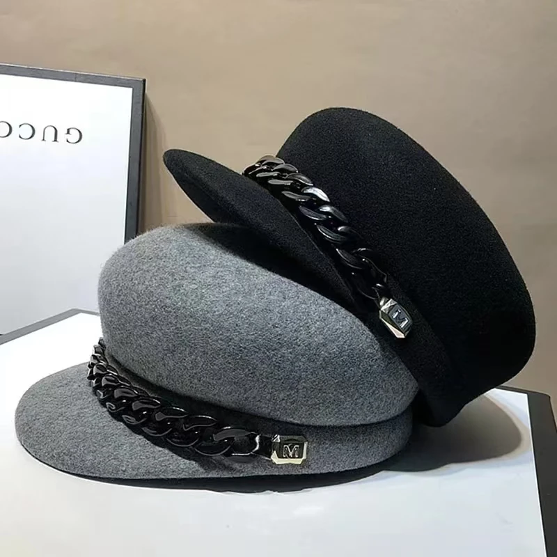 100% vlna šedá čierna zimná klobúk teplá vlna Hatwomen Fashion Chain Newsboy Caps Hat Female
