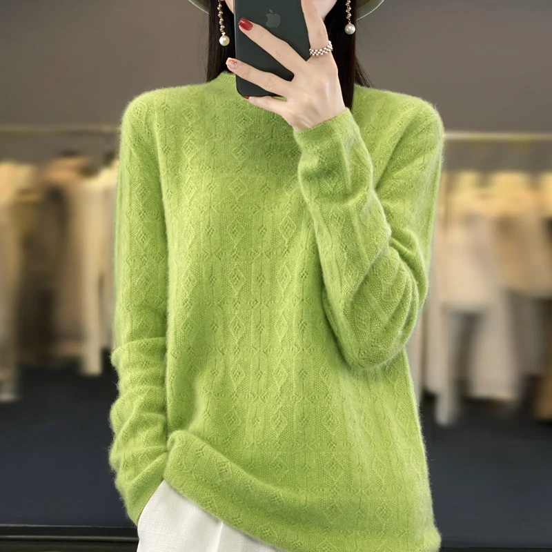 100% vlnený sveter Ženy Mock krk argyle s dlhým rukávom Top jesenná zimná módna módna pletená pletená samica Warm Loose Pullover Jumper