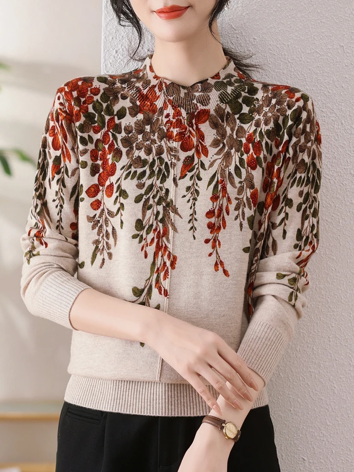 100% vlnený tlačový sveter Tops Autumn Zimný zimný čínsky štýl Dámske oblečenie s dlhým rukávom pullover pletene dámske svetre