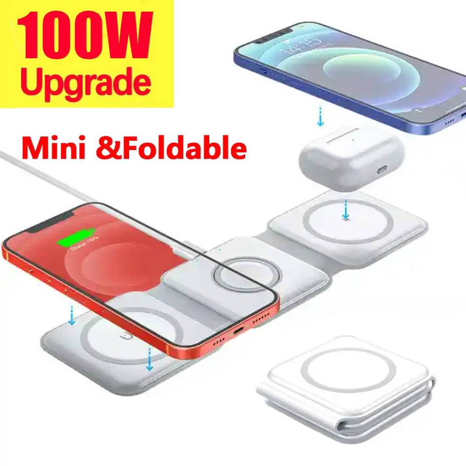 100 W 3 v 1 bezdrôtová nabíjačka stojan na nabíjačku skladacia stanica rýchleho nabíjania pre iPhone 15 14 13 12 11 8 Apple Watch AirPods Pro