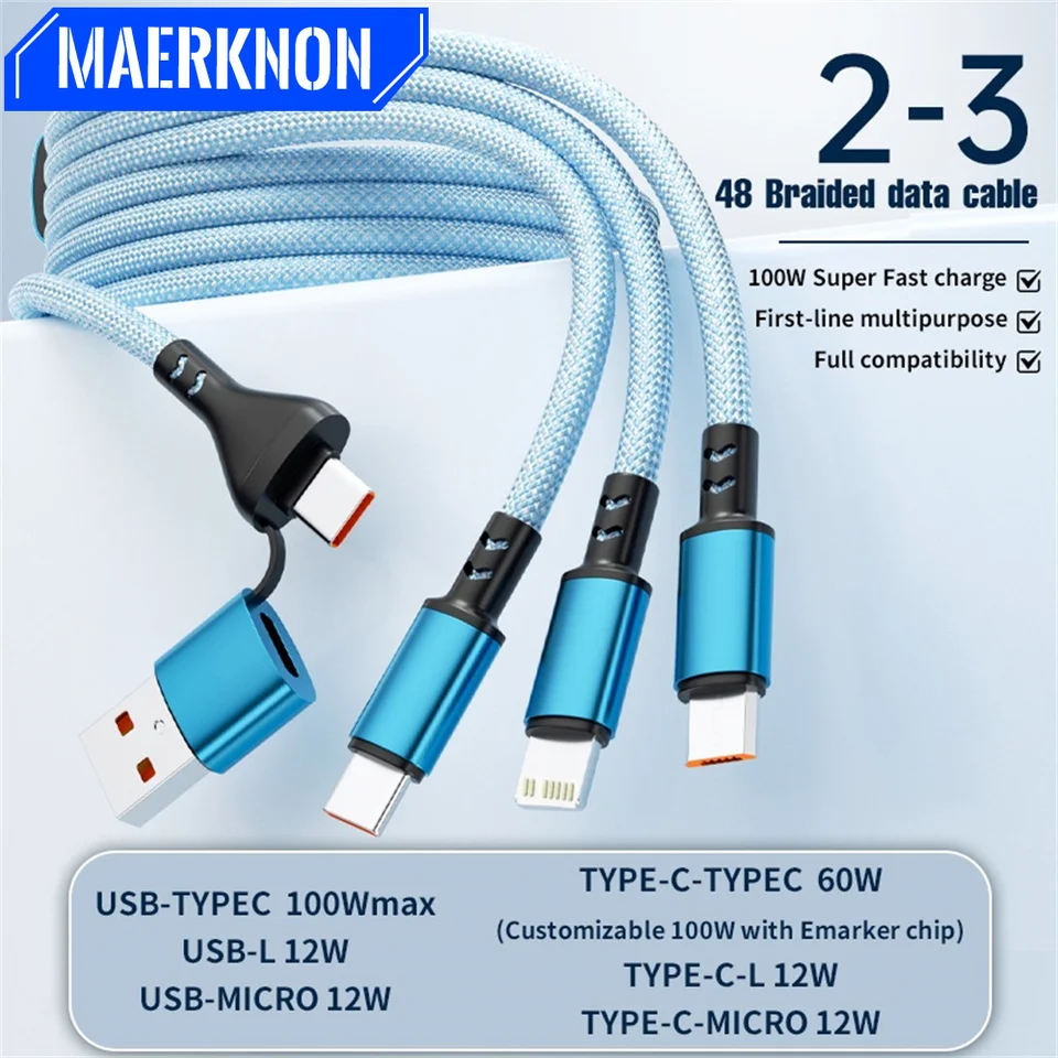 100 W 3 v 2 rýchle nabíjanie káblového kábla Micro USB Type C Phone Nabíjač Dátový kábel pre iPhone 15 16 Samsung Xiaomi USB C Wire Rýchle nabíjanie