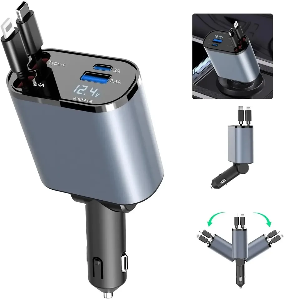 100 W 4 v 1 zatiahnuteľná nabíjačka automobilu USB Typ C Kábel pre iPhone Samsung Rýchle nabíjací kábel Cigaret Righter Adapter