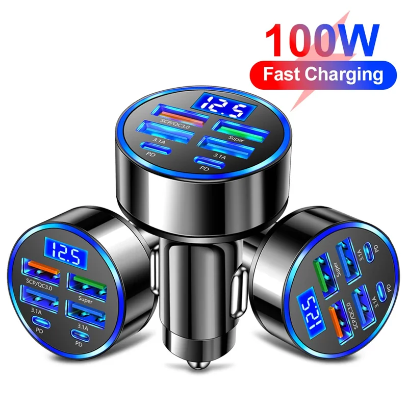 100 W 6 portov nabíjačka auta Rýchle nabíjanie PD QC3.0 USB C nabíjačku na nabíjačku typu C Typ C v aute pre iPhone Samsung Huawei Xiaomi