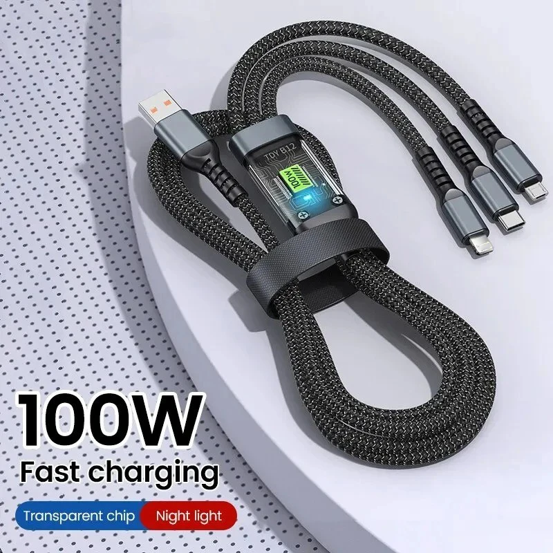 100 W kábel USB 3 v 1 Rýchle nabíjanie nabíjacích káblových príslušenstiev pre iPhone Xiaomi Huawei Type C nabíjačkový kábel viacerých portov vodičov