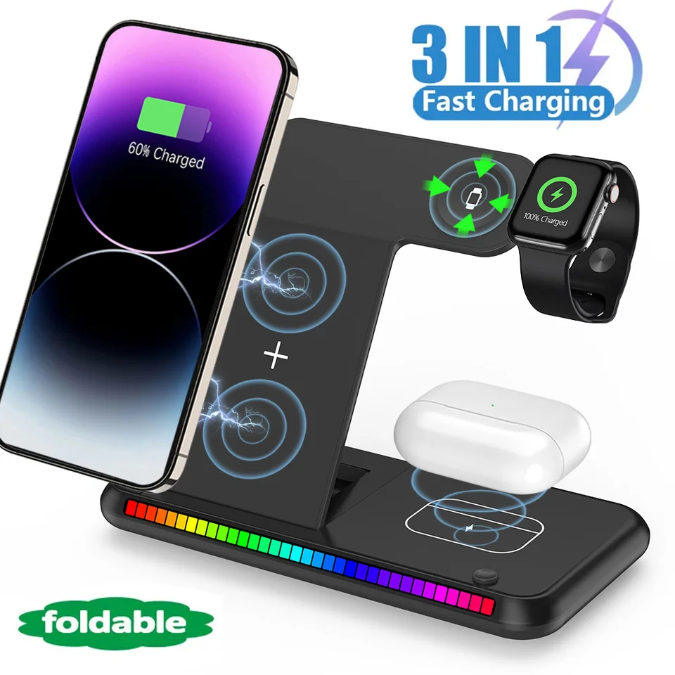 100 W LED rýchla bezdrôtová nabíjačka 3 v 1 skladateľnej nabíjacej stanici pre iPhone 15 14 13 16 Apple Watch 9 8 7 6 5 AirPods Pro
