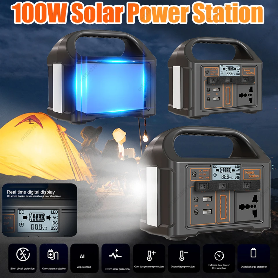 100 W prenosná solárna elektráreň 110V/220V LED displej vonkajšieho generátora 24 000 mAh batérií banka pre rybolovné dobrodružstvo