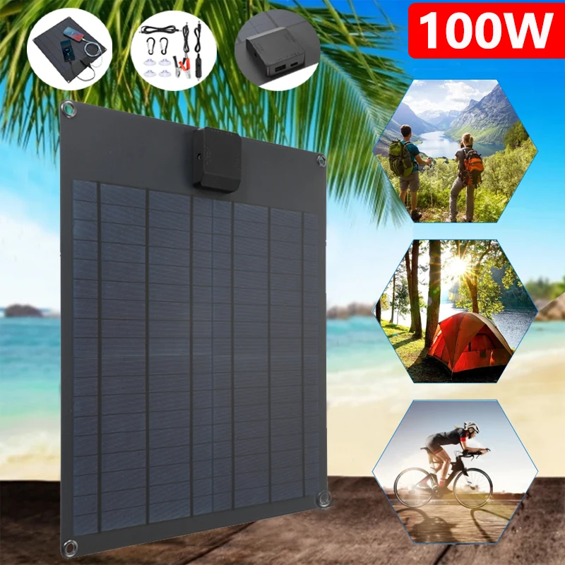 100 W solárny panel nepremokavý prenosný 5V duálny USB Solárny článok 12V batéria Chager pre vonkajšie kempingové kempingové mobilné napájacie zdroje