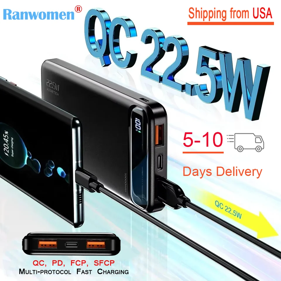 1000 mAh prenosná vstavaná LED osvetlenie LCD Power Bank PD22.5W QC3.0 Externá batéria pre iPhone Xiaomi Samsung Batéria záložnej batérie
