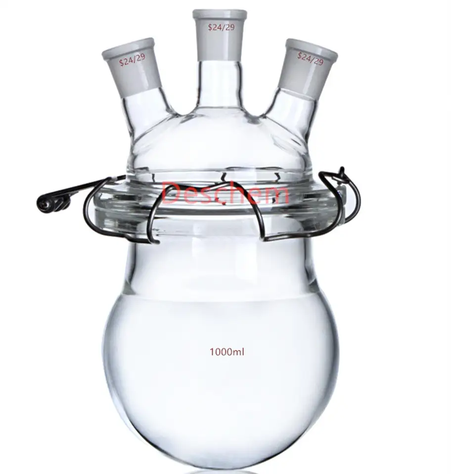 1000 ml 24/29 sklenený reaktor Tri krk 1 liter laboratórna reakcia Kettle W/veka a oceľová svorka