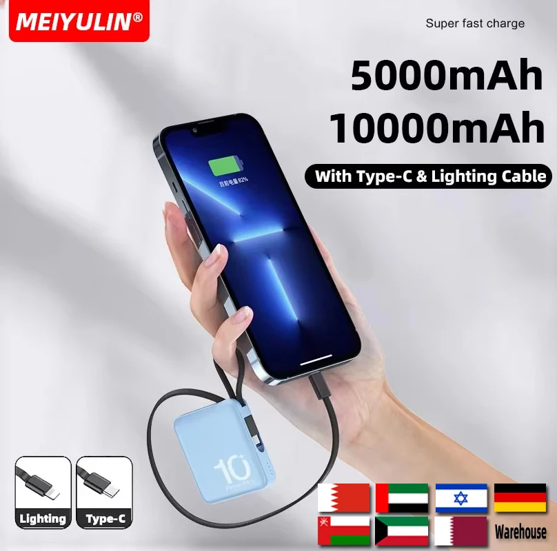 10000 mAh Power Bank Mobile Battery s mobilnou batériou s káblom USB C 5000 mAh