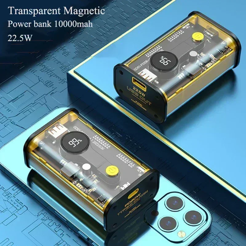 10000 mAh priehľadná bezdrôtová banka Prenosná magnetická bezdrôtová externá batéria pre iPhone 14 13 12 Pro Max Samsung