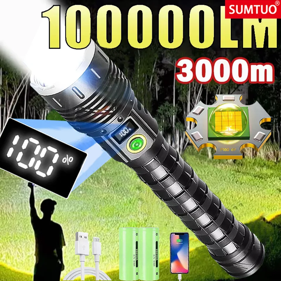 1000000LM Najvýkonnejšia LED baterka Nabíjateľná 800 W baterky LED Vysoko výkonné priblíženie Torch Dlhý dosah 3000 m taktické lantren