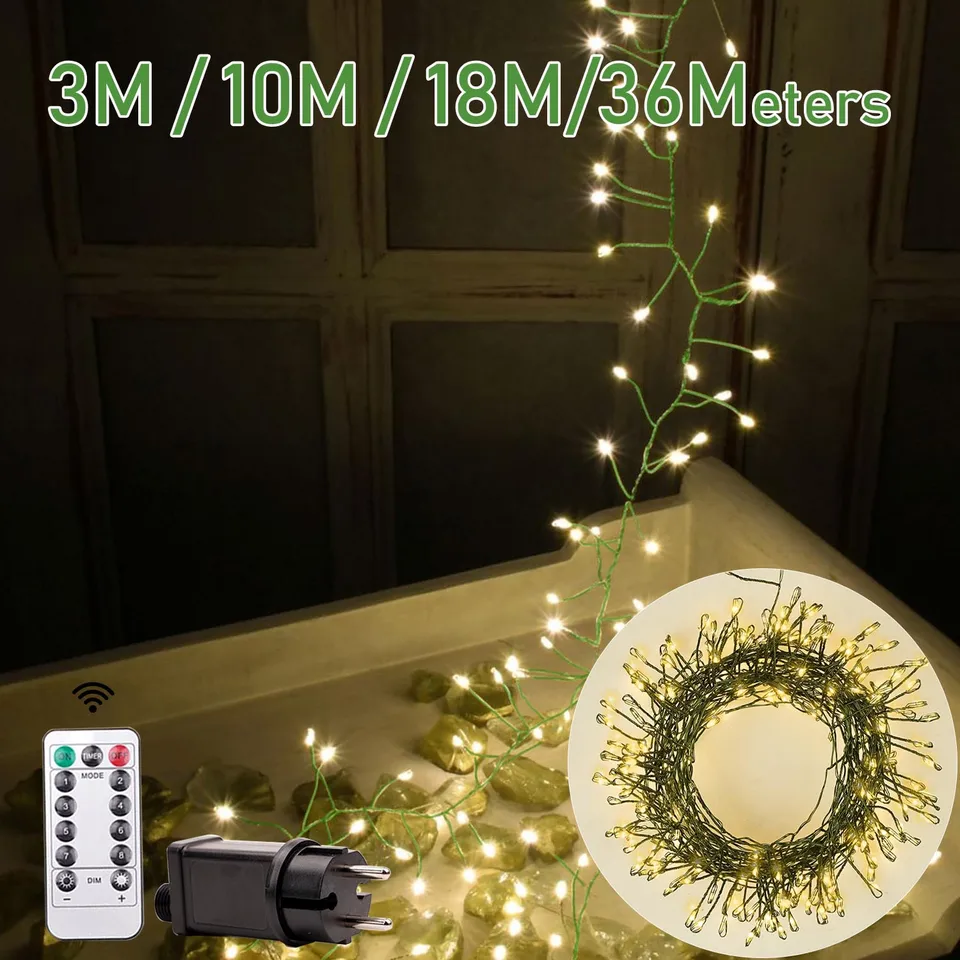 1000led 36 metrov klastra Green Wire Girland Lights Lights Vily String Lights pre spálňu vonkajšie svadobné narodeniny vianočný stromček 2024