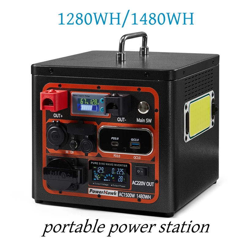 100AH ​​// 120AS LIFEPO4 batéria 1200W vonkajšia kempingová batéria s LED svetlami/DC12V/USB/TYP-C PATERS Vstavaný invertor AC220V