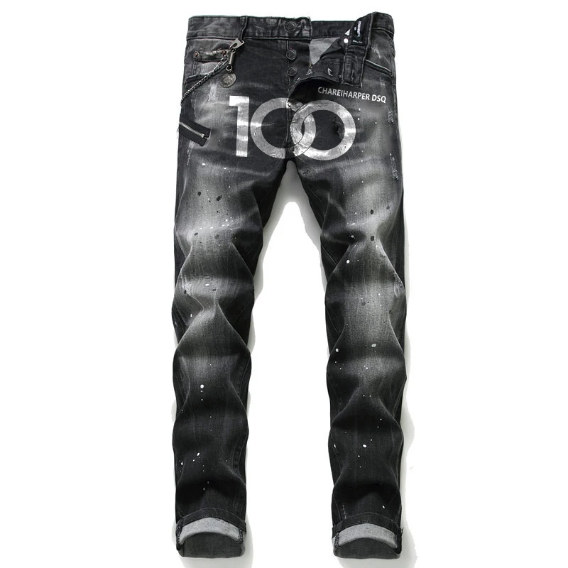 100Chareharper DSQ1058 Pánske džínsy Slim Black Tlated Metal Pendant Cotton Elastic Small Straight Tube Classic Men módna značka