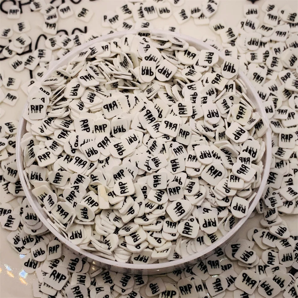 100G Halloween RIP White Fimo Plátky polymérne hlinené posypanie remeslá, ktoré robia deti, ktoré hrajú doplnky na plnenie slizu