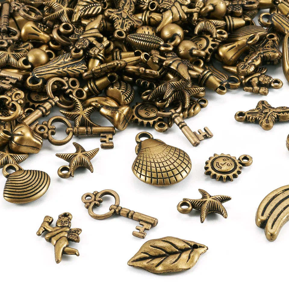 100G retro starožitné bronzové/strieborné prívesky Random Mix Cross/Leaf/Key pre náramky na náramok