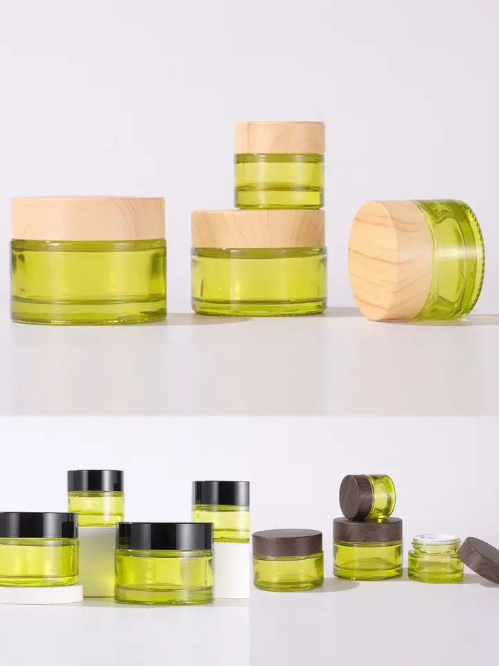 100ks 10-50g Olive Green Drevené doplňovateľné fľaše Sklenené prázdne poháre Mini hrnce očné tieňové krém na tvár Balzam na pery kozmetické nádoby