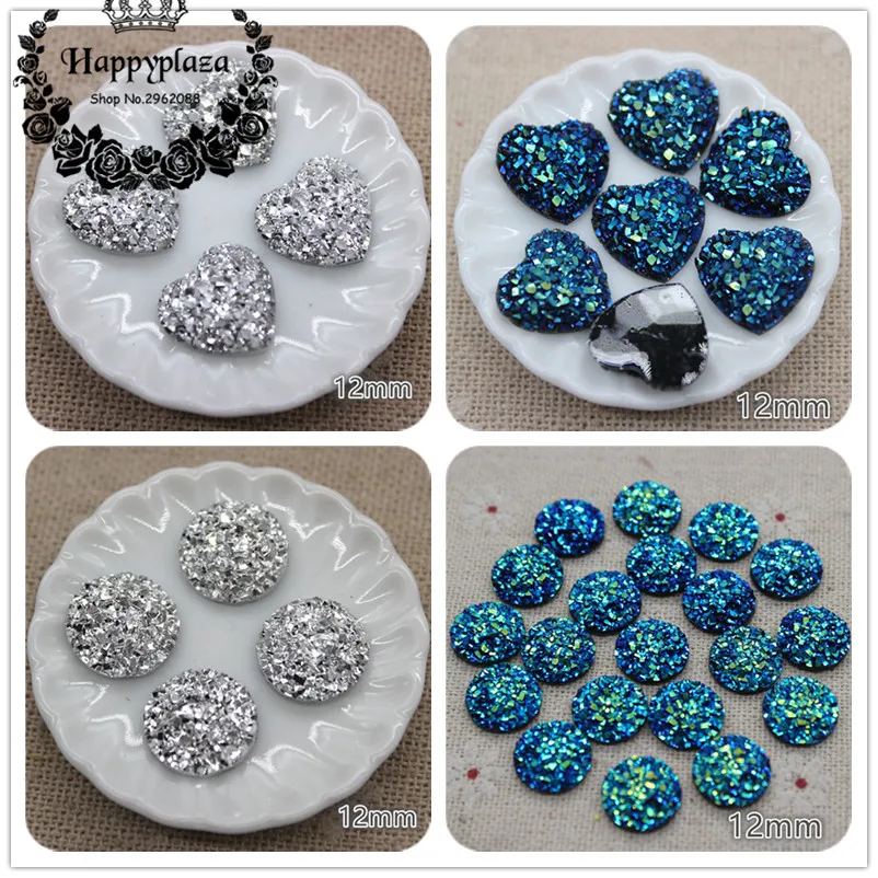 100ks 12 mm srdce/okrúhle lesklé čierne AB/Striebro Druzy Stone Surface Resin Rinestone Flatback Cabochon DIY remeselné doplnky