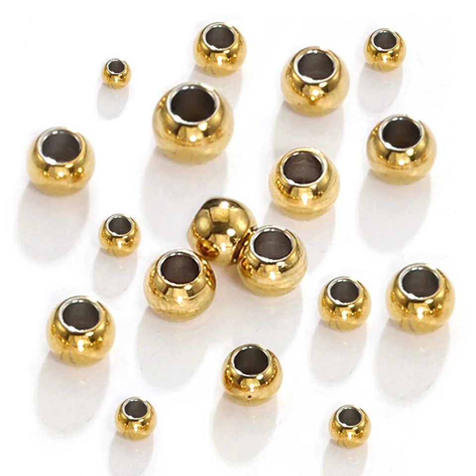 100ks 2-8 mm z nehrdzavejúcej ocele Zlatá farba Popaľové korálky Charm Loose Loose guľôčky DIY náramky náhrdelné korálky pre šperky výroby kúziel