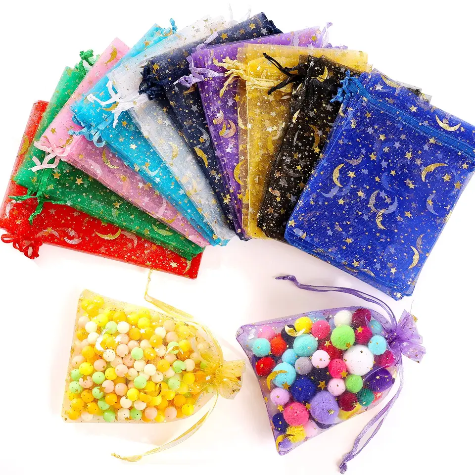 100ks 3,5 x 4,7 palca Moon Moon Star Replace Organza Bags, Darčekové vrecká na šperky, Zlatá hviezda Organza Earllise na svadobnú hostinu