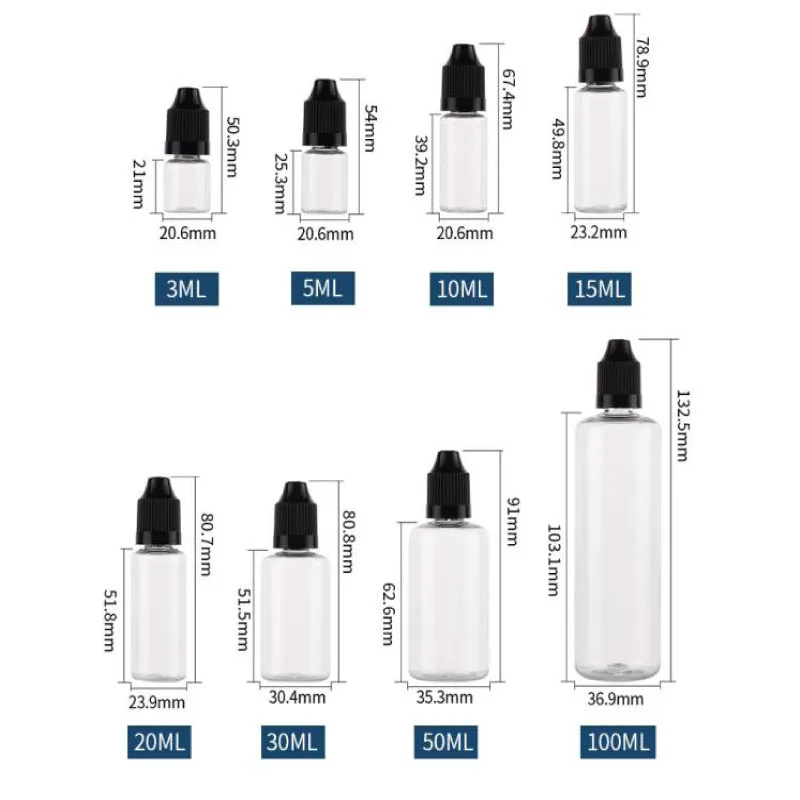 100ks 3 ml-100 ml plastové fľaše s kvapkadlom pre domáce zviera