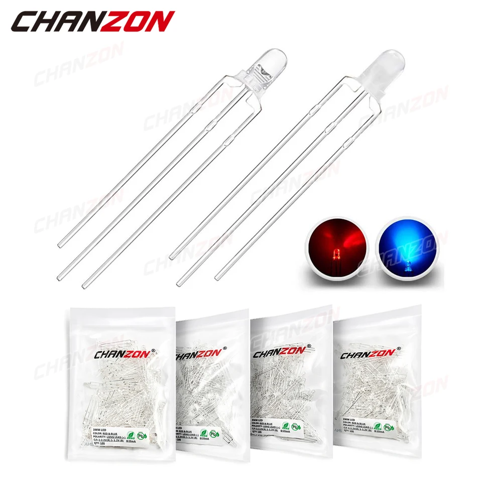 100ks 3 mm LED svetlo emitujúce diódové žiarovky Žiarovka Bicolor Red Blue Common anode katód