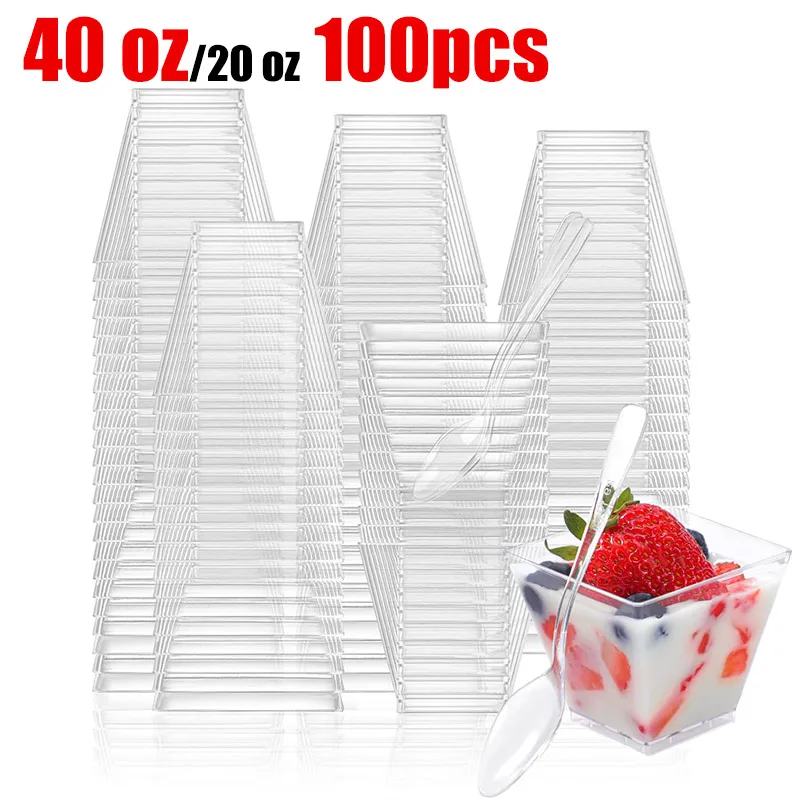 100ks 40/20oz mini štvorcový priehľadný plastový dezert Party s malými plastovými dezertnými šálkami skvelé pre dezerty, puding, penu