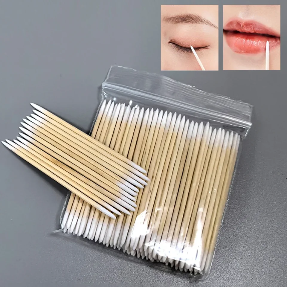100ks 7 cm drevená rukoväť s malým špičkovým hrotom hlavy bavlnené tampónový hrebe obočie tetovanie krása make -up farebný nechtový klinc