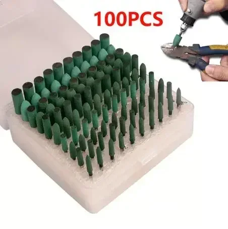 100ks gumové brúsky hlavy, 3 mm driek na skrint, príslušenstvo, namontovaná súprava hlavy bodových kolies pre dremel leštiny rotačné náradie (zelená)