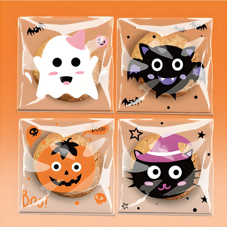 100ks Halloween Cat Pumpkin Ghost Ziplock Bag Šťastné halloweenské dekorácie pre dom 2024 Trik alebo Tream Candy Cookie Box