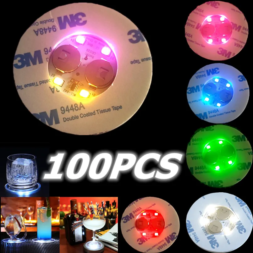 100ks LED COASTER COASTER LUMINUS FLATOVÉ STRÁNKY SVETLÁ SVETLÁ 6 cm lampy pre vianočný bar KTV Svadobná strana koktail koktail nápojové šálky VASE DEOCON