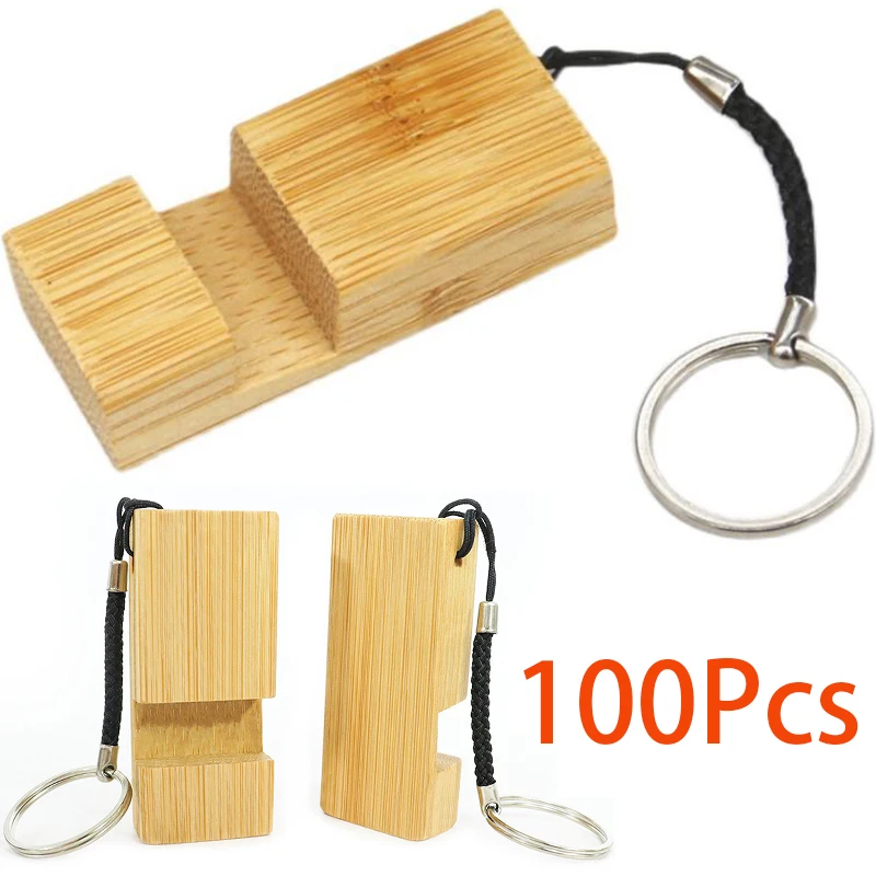 100ks Mini Keychain bambusový držiak na stolné počítače pre mobilný telefón mobilného telefónu na uvoľnenie rúk