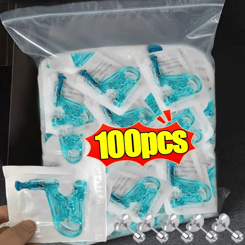 100ks modré ucho piercing pištoľ súprava asepsis na jedno použitie zdravý bezpečnostný nos a náušnice Piercer Set Machine súpravy súprava telové šperky