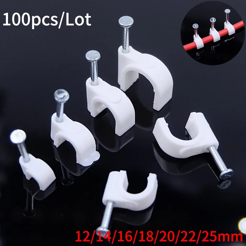 100ks okrúhle káblové sponky 12/14/16/18/20/25 mm C v tvare Manažment nylonu uhlíkovú oceľovú kruhovú šnúru kruhový drôt Držiak drôtu