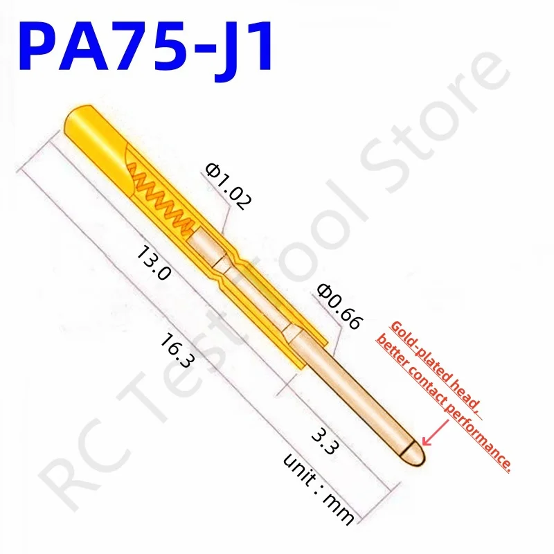 100ks PA75-J1 Spring Test Probe PA75-J Testovací nástroj testovací špendlík 16,3 mm dia 1,02 mm zlatý hrot ihly Dia 0,66 mm POGO PIN P75-J P75-J1