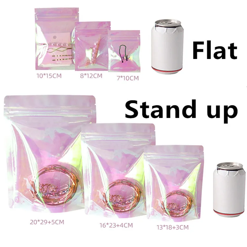 100ks Pink Stand Up Up Holographic Rainbow Zip Lock Vrecká na zips Oputovateľné náramky