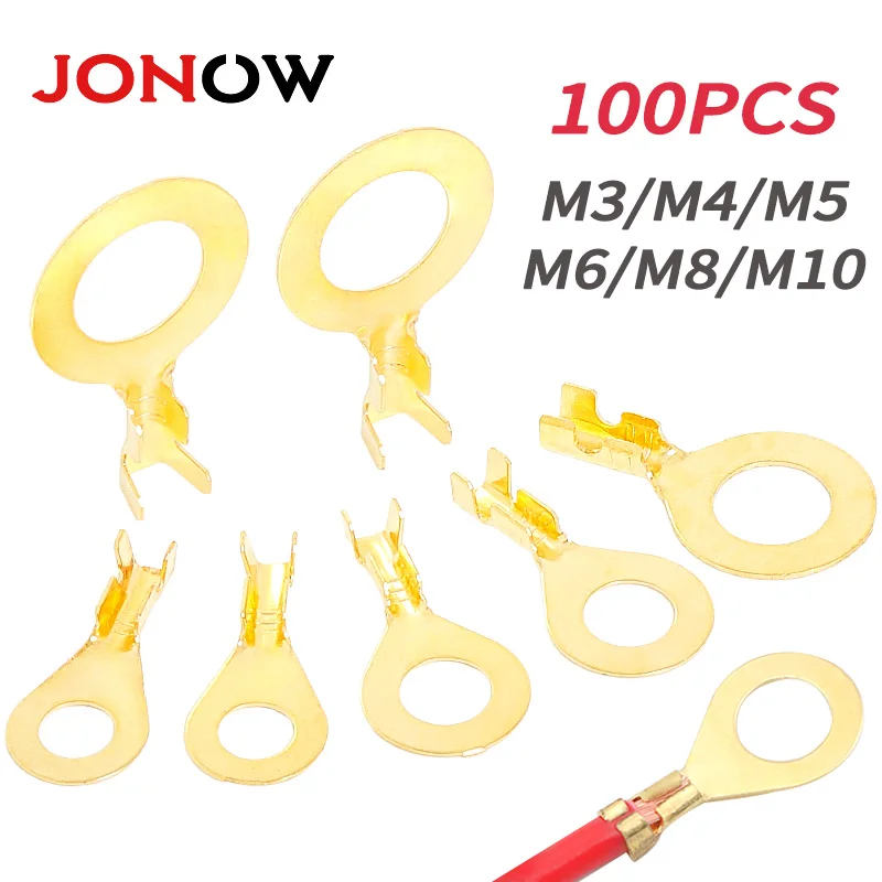 100ks prsteňový prsteňový kučeravý terminál Elektrické káblové konektory Zlatá mosadz M3 M4 m6 m8 m8 m10