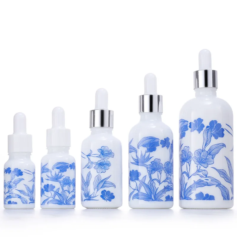 100ks prázdne modré a biele porcelánové keramické kolo 10 ml 15 ml 50 ml 100 ml kozmetického skla vlasov éterický olej fľaša s kvapkadlom