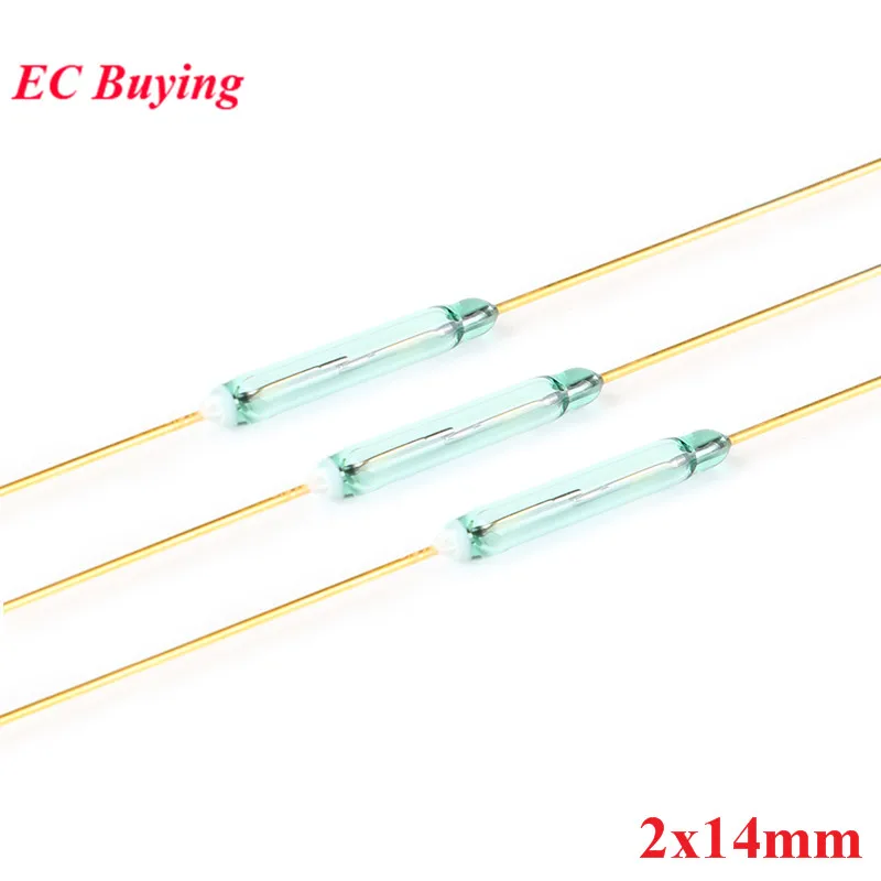 100ks Reed Switch 2x14 mm 2*14 mm magnetický ovládací spínač Zelené sklo Normálne otvorené bez kontaktu pre senzory 100% originálne č.