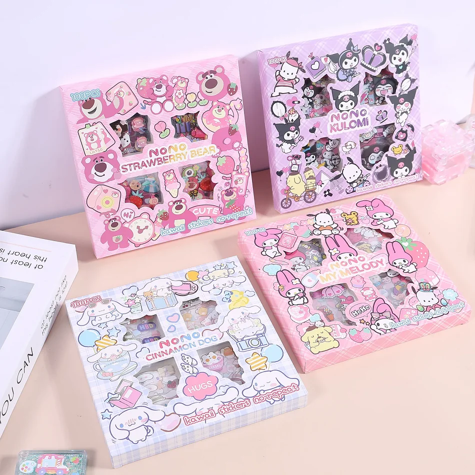100ks sanrio kuromi melódia Cinnamoroll PET Transparentná nepremokavá nálepka karikatúra DIY Stationery Cup Ručná sada kníh
